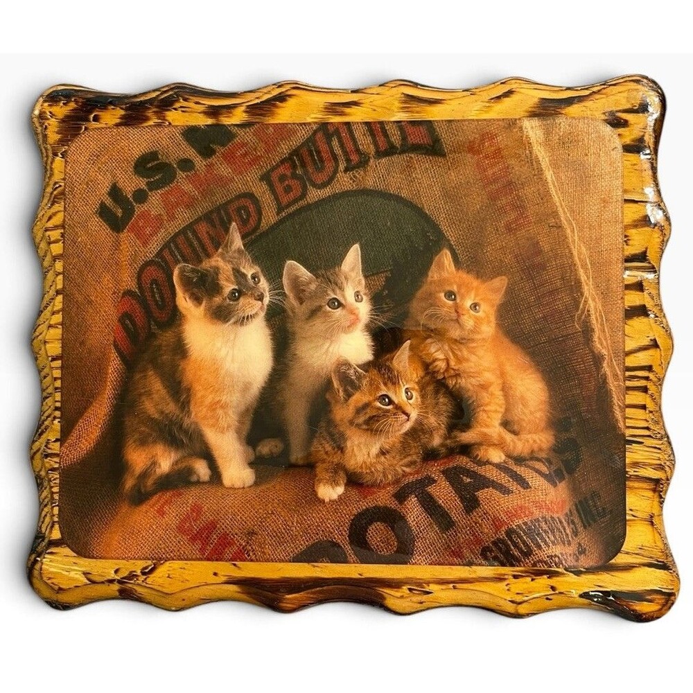 Vintage Wood Laquard Kittens Cats Art Home Wall Decor